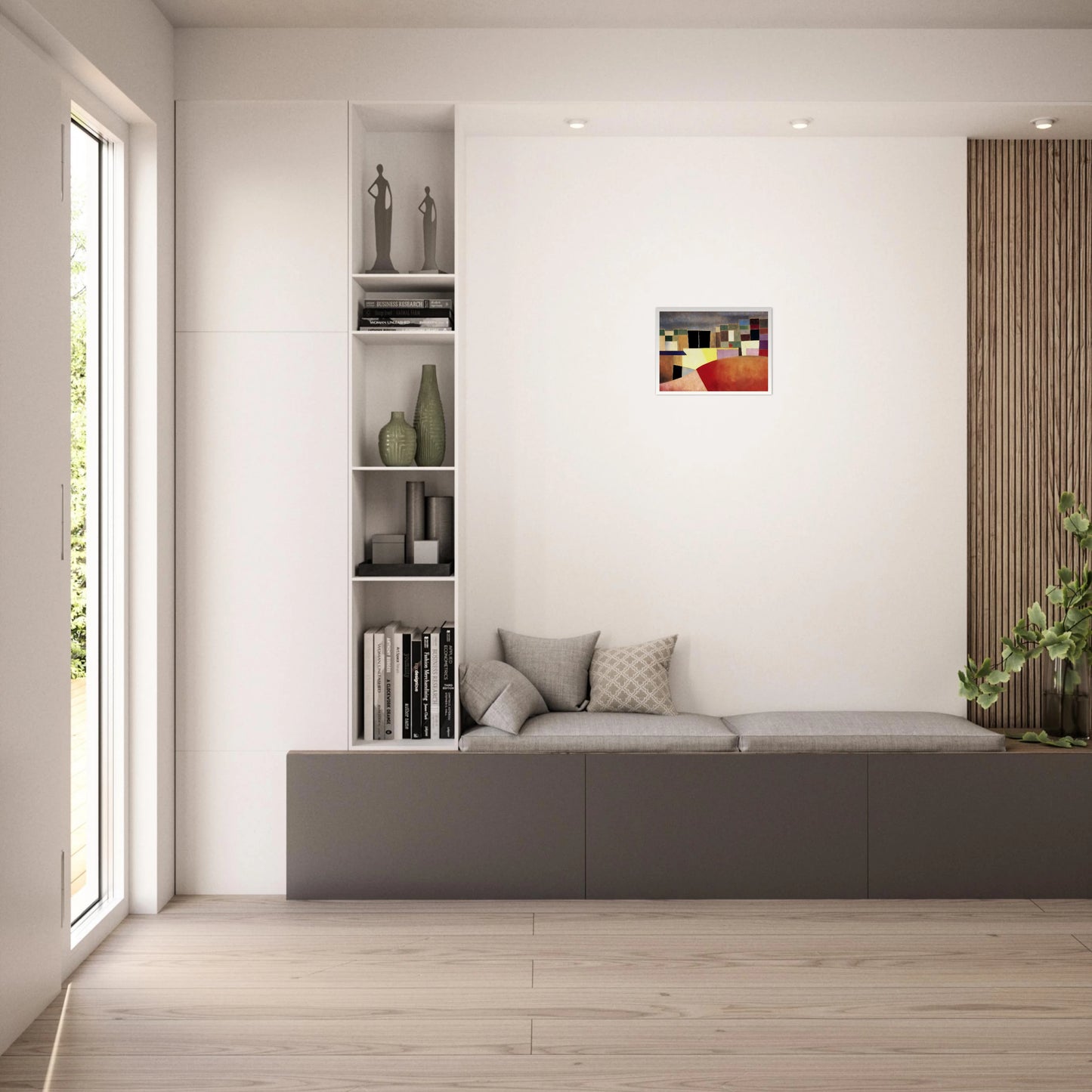 A colorful grid of geometric shapes resembling city buildings under a muted sky, glowing with warm red and yellow tones.