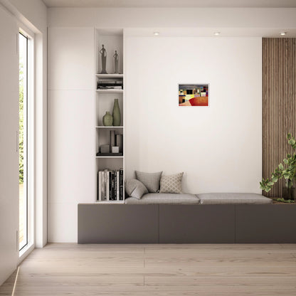 A colorful grid of geometric shapes resembling city buildings under a muted sky, glowing with warm red and yellow tones.