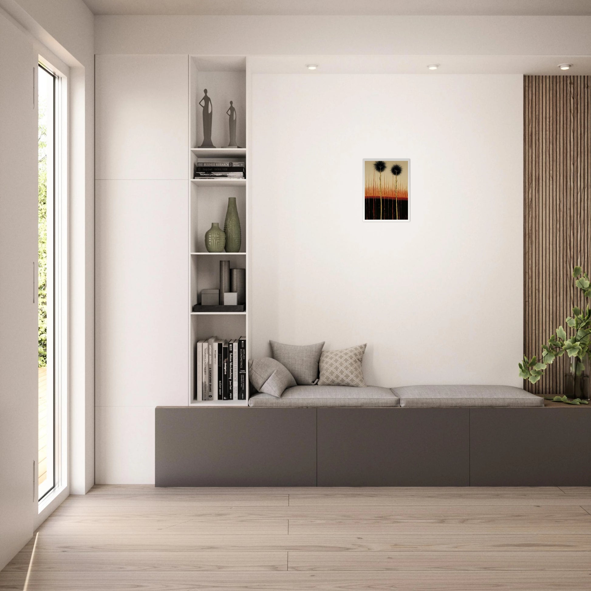 Two tall, slender trees rise from dark soil under a glowing orange and black sky, evoking quiet endurance and mystery.