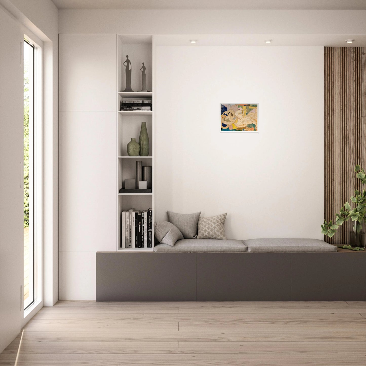 Cream-toned flowing shapes weave through soft blocks of blue, green, yellow, and pink in a dreamlike composition.