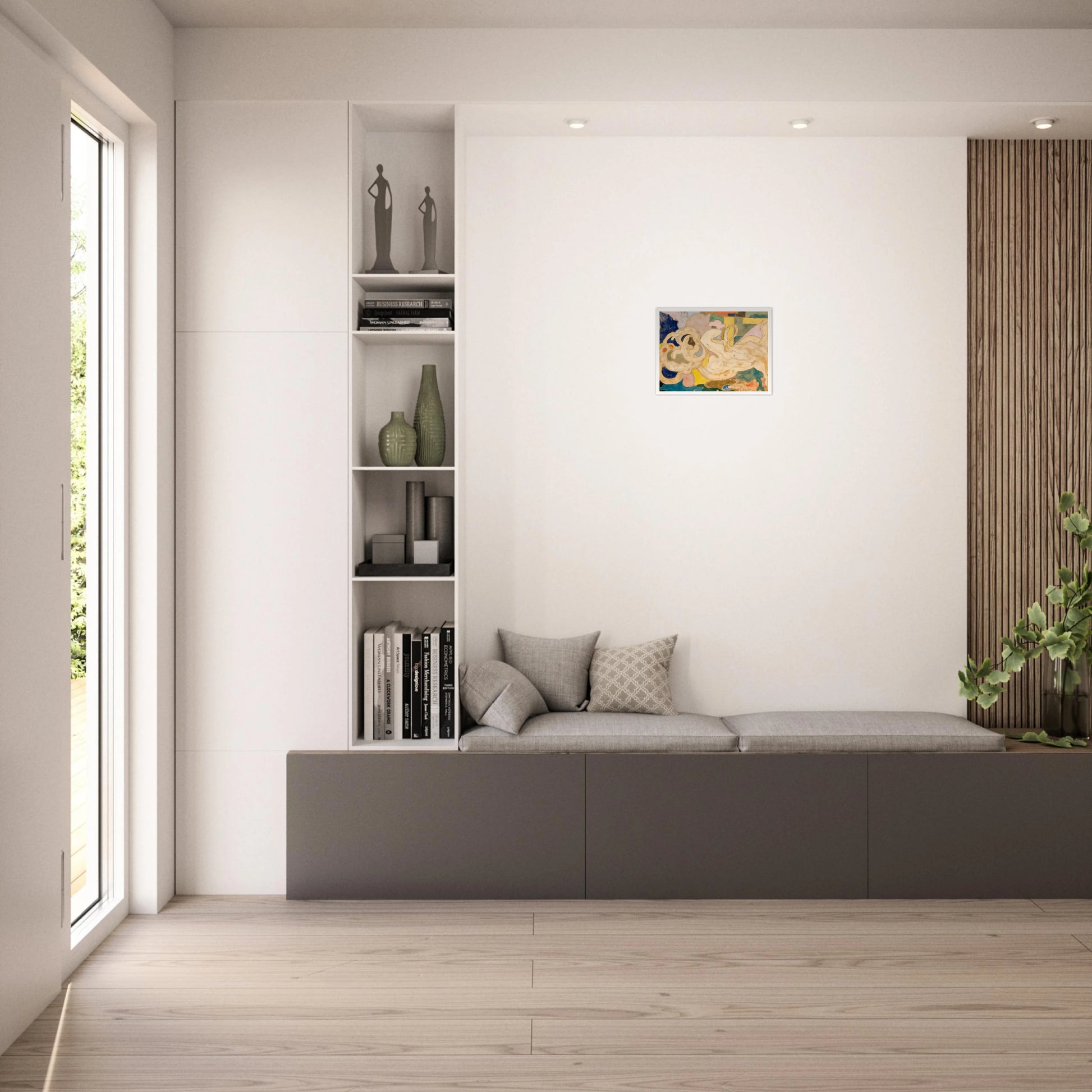 Cream-toned flowing shapes weave through soft blocks of blue, green, yellow, and pink in a dreamlike composition.