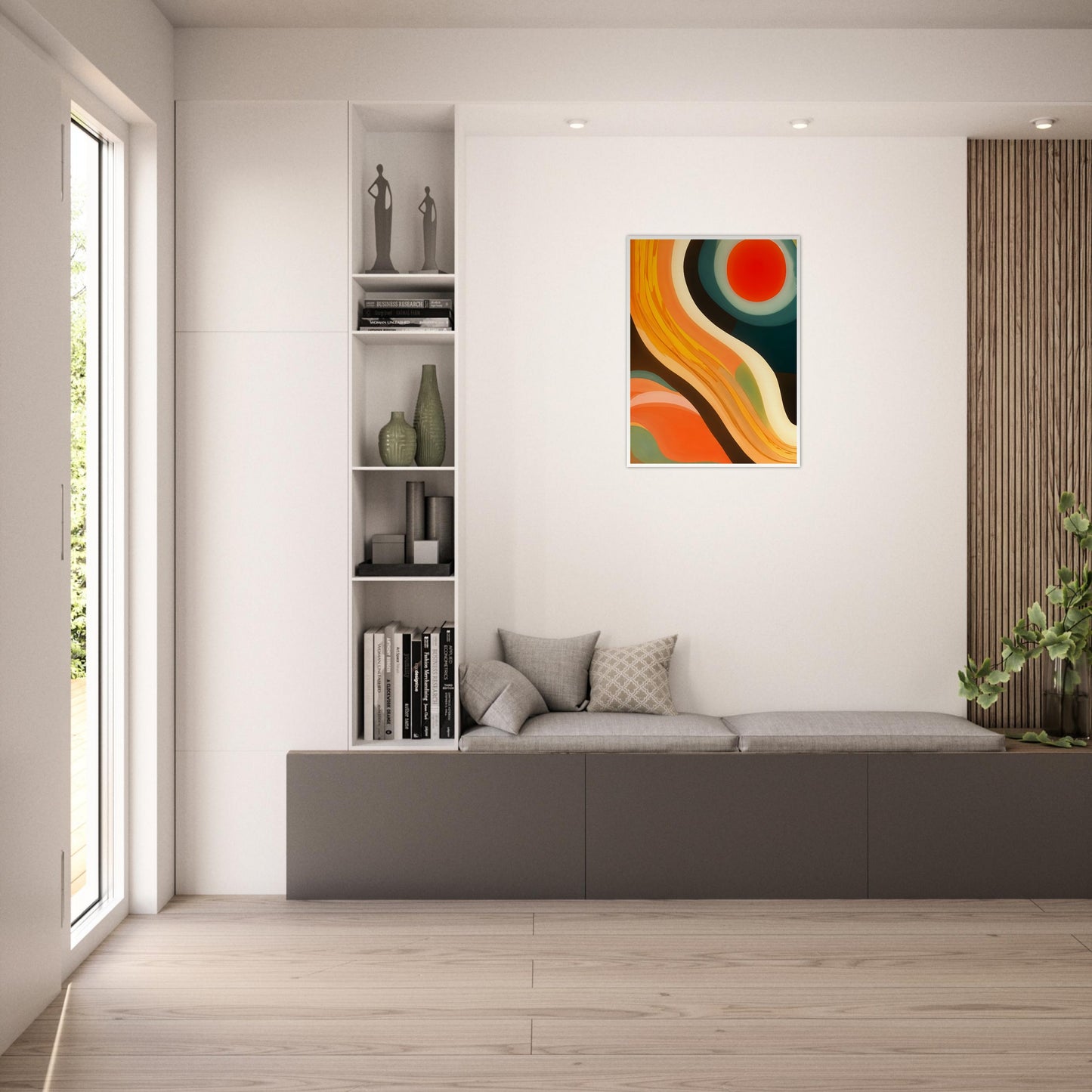 An abstract artwork featuring bold, flowing curves in shades of orange, yellow, and teal, with a vibrant red circular sun at the top.