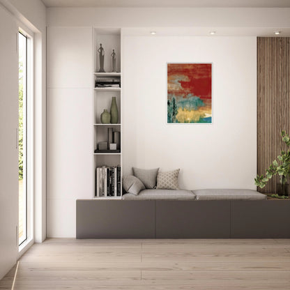Soft washes of crimson, teal, and ivory drift across a dreamlike landscape with misty forms and distant reflections.