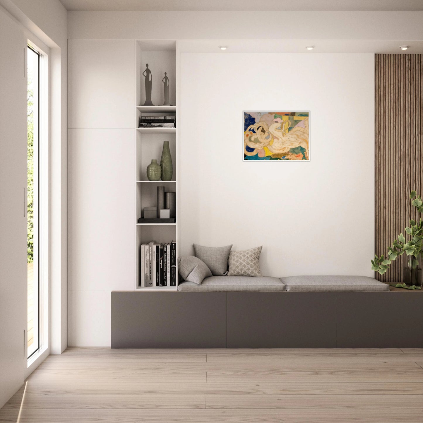 Cream-toned flowing shapes weave through soft blocks of blue, green, yellow, and pink in a dreamlike composition.