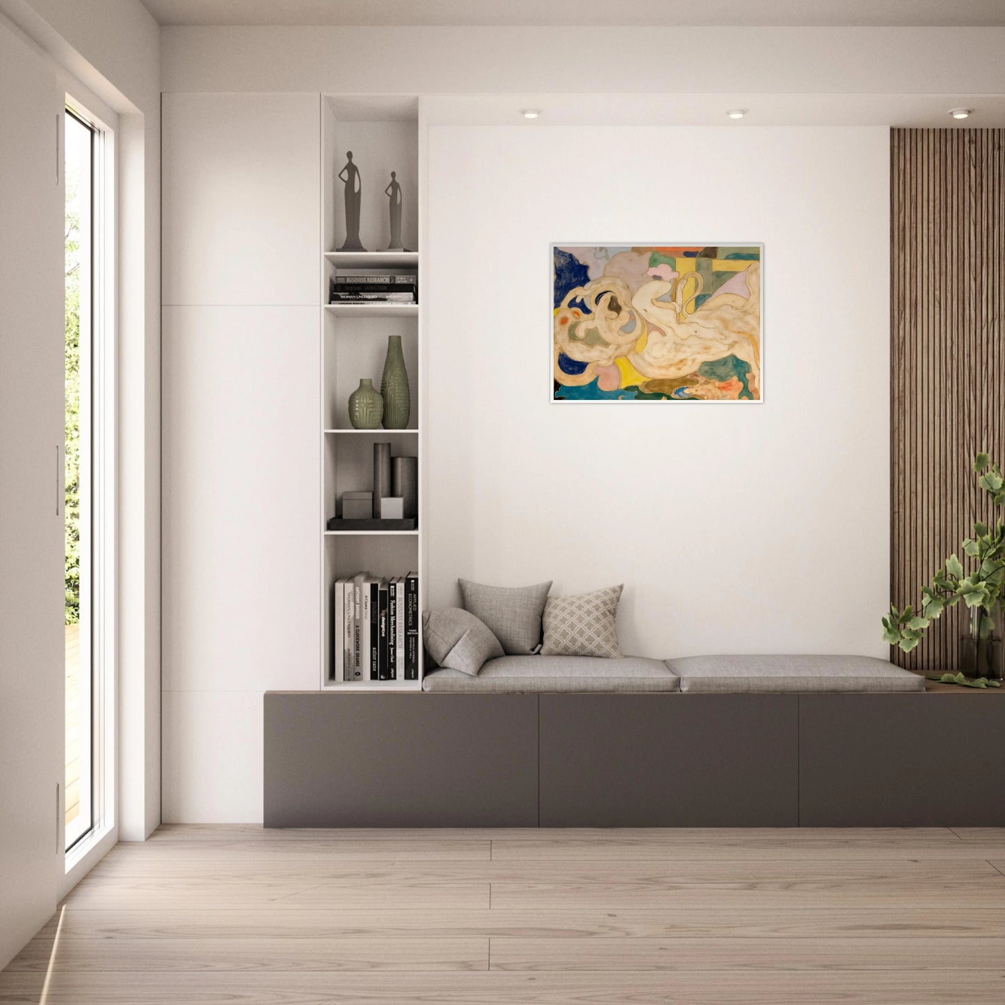 Cream-toned flowing shapes weave through soft blocks of blue, green, yellow, and pink in a dreamlike composition.