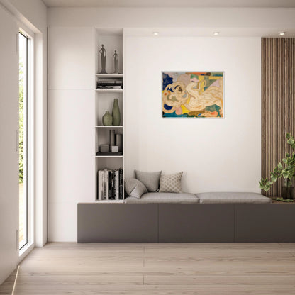 Cream-toned flowing shapes weave through soft blocks of blue, green, yellow, and pink in a dreamlike composition.