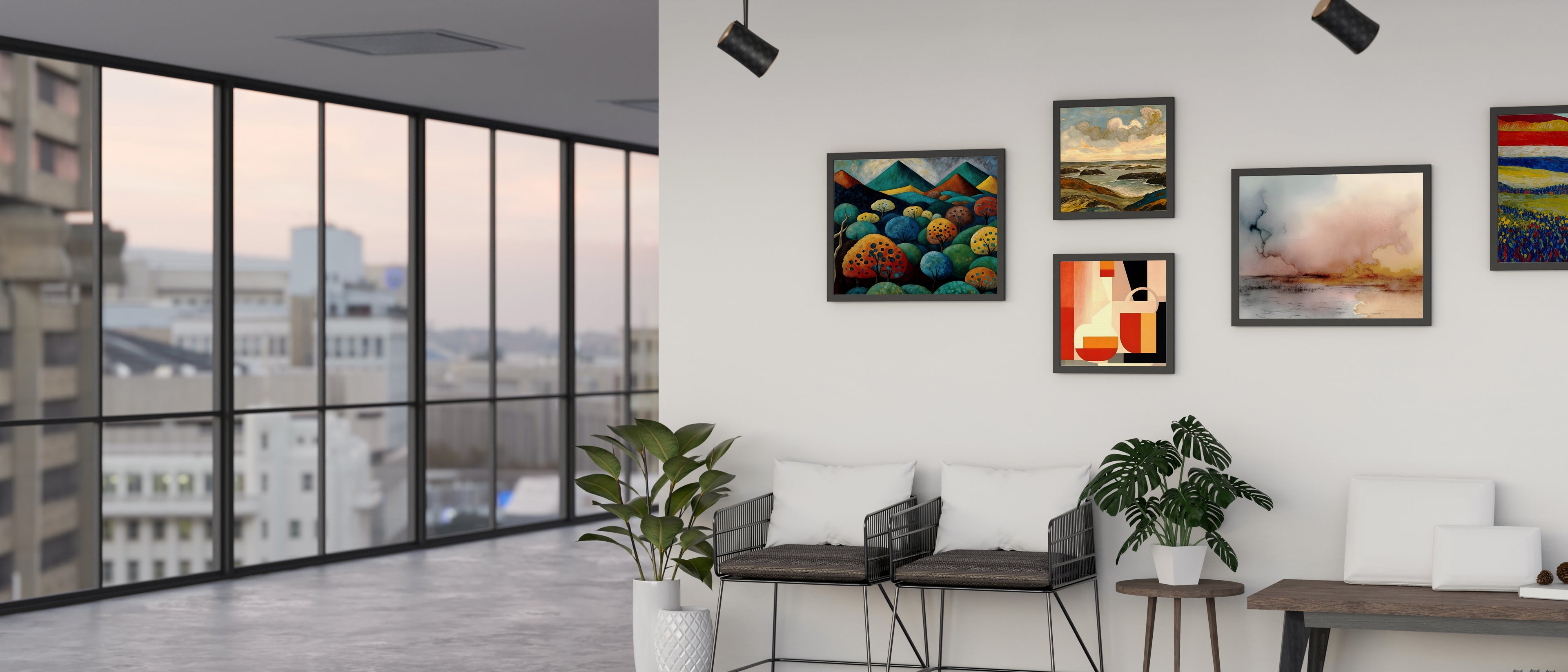 Modern office waiting area with floor-to-ceiling windows showing a city view. A gallery wall with various artworks hangs above seating. 