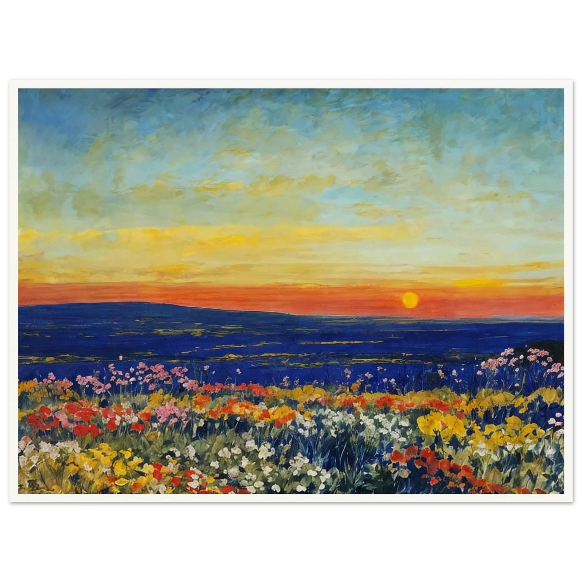 A beautiful landscape painting of a vibrant meadow filled with colorful flowers under a sunset sky.