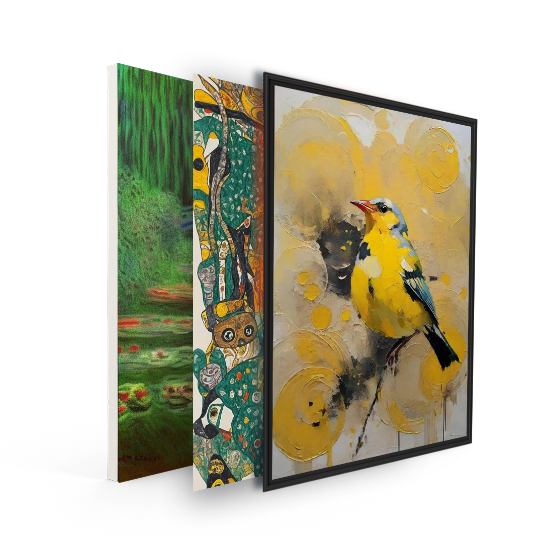 Three framed art pieces showcasing different styles: a green abstract landscape, a vibrant geometric pattern, and a yellow bird on a textured background.