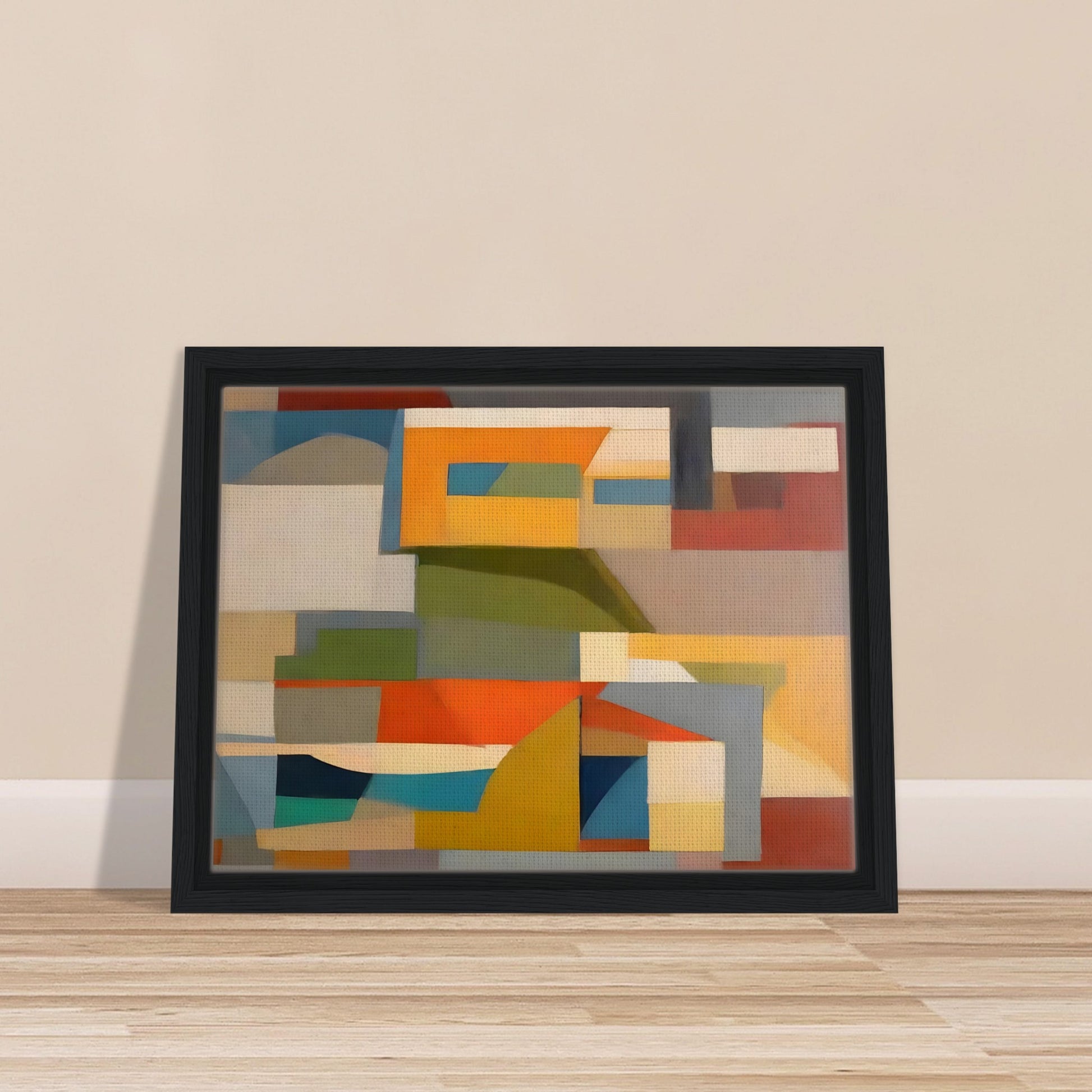 A geometric abstract painting with overlapping shapes in earthy tones of orange, yellow, green, blue, and beige, creating a harmonious composition.