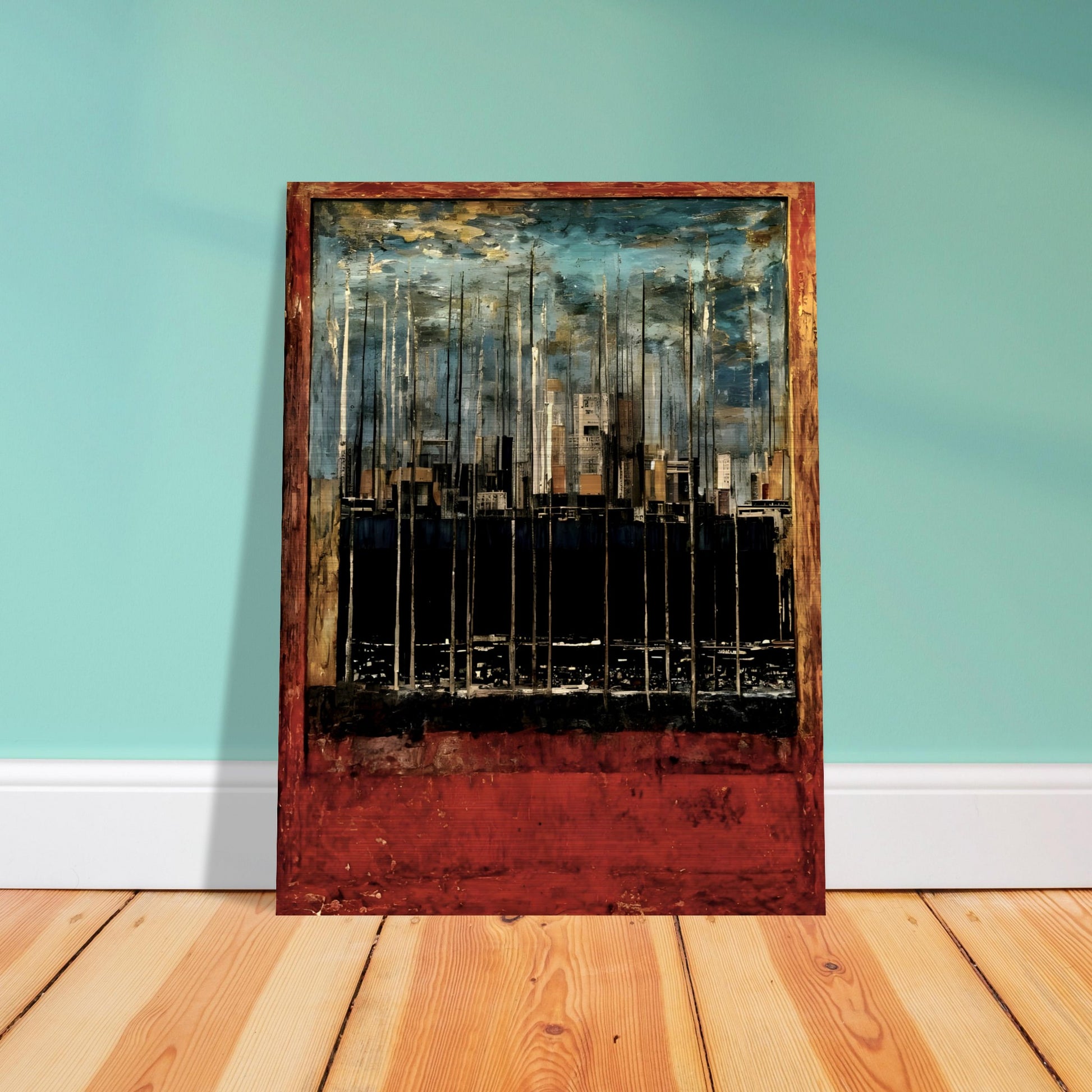 A textured cityscape with towering structures, deep red and blue hues, and an abstract urban skyline, framed in a rustic border.