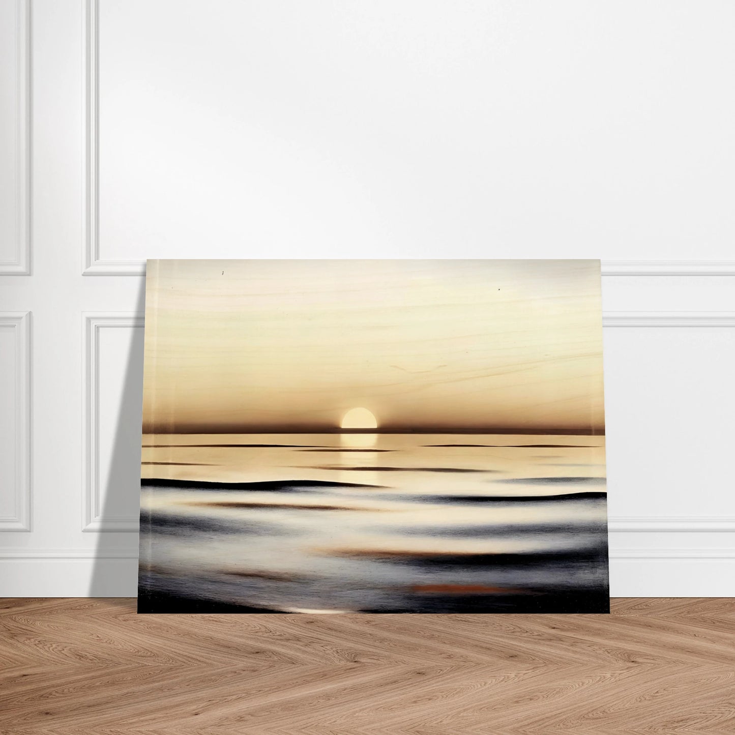 A minimalist seascape capturing the calm of sunrise, where golden light reflects softly on gentle ocean waves.