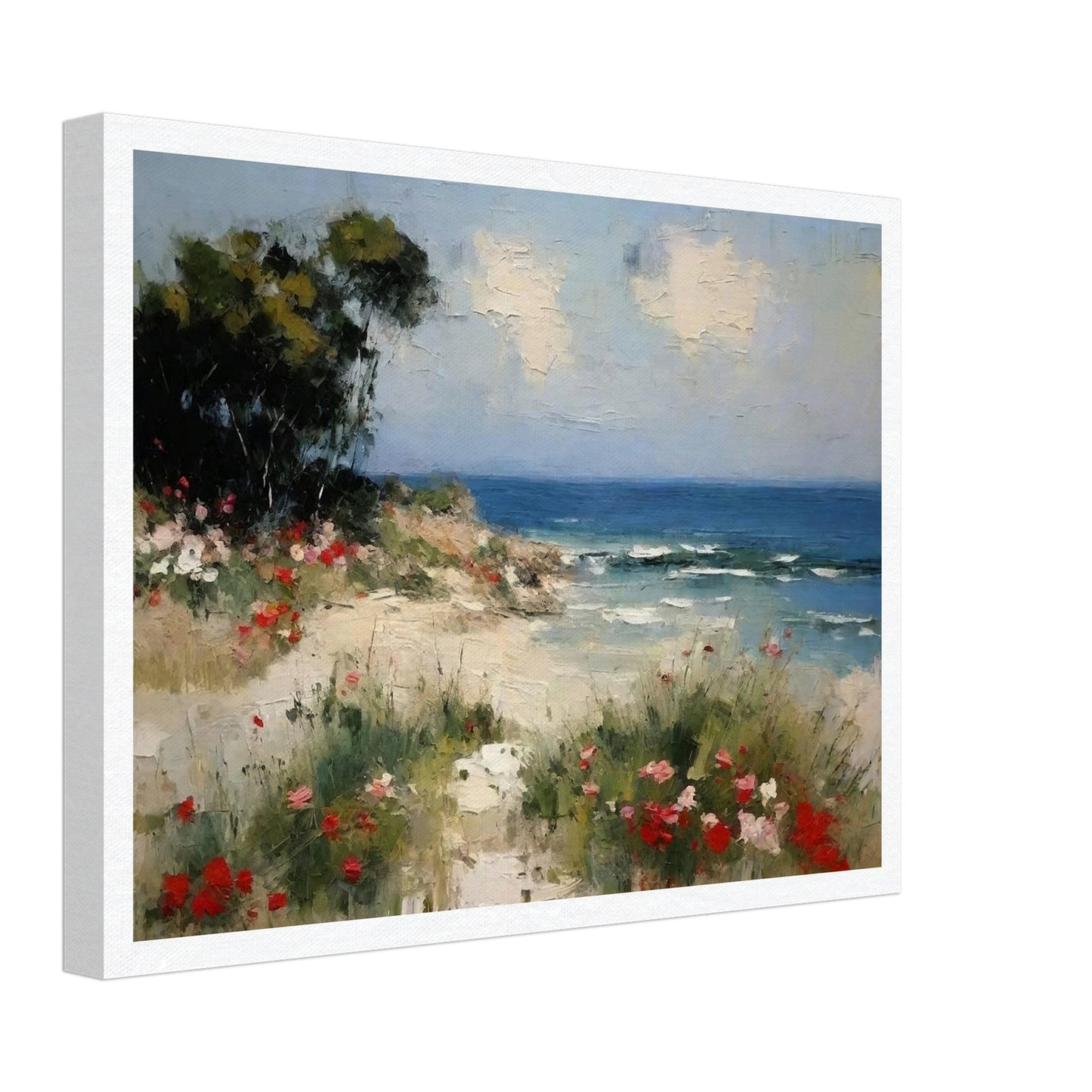 A picturesque painting of a serene beach with vibrant flowers in the foreground and calm ocean waves under a partly cloudy sky.