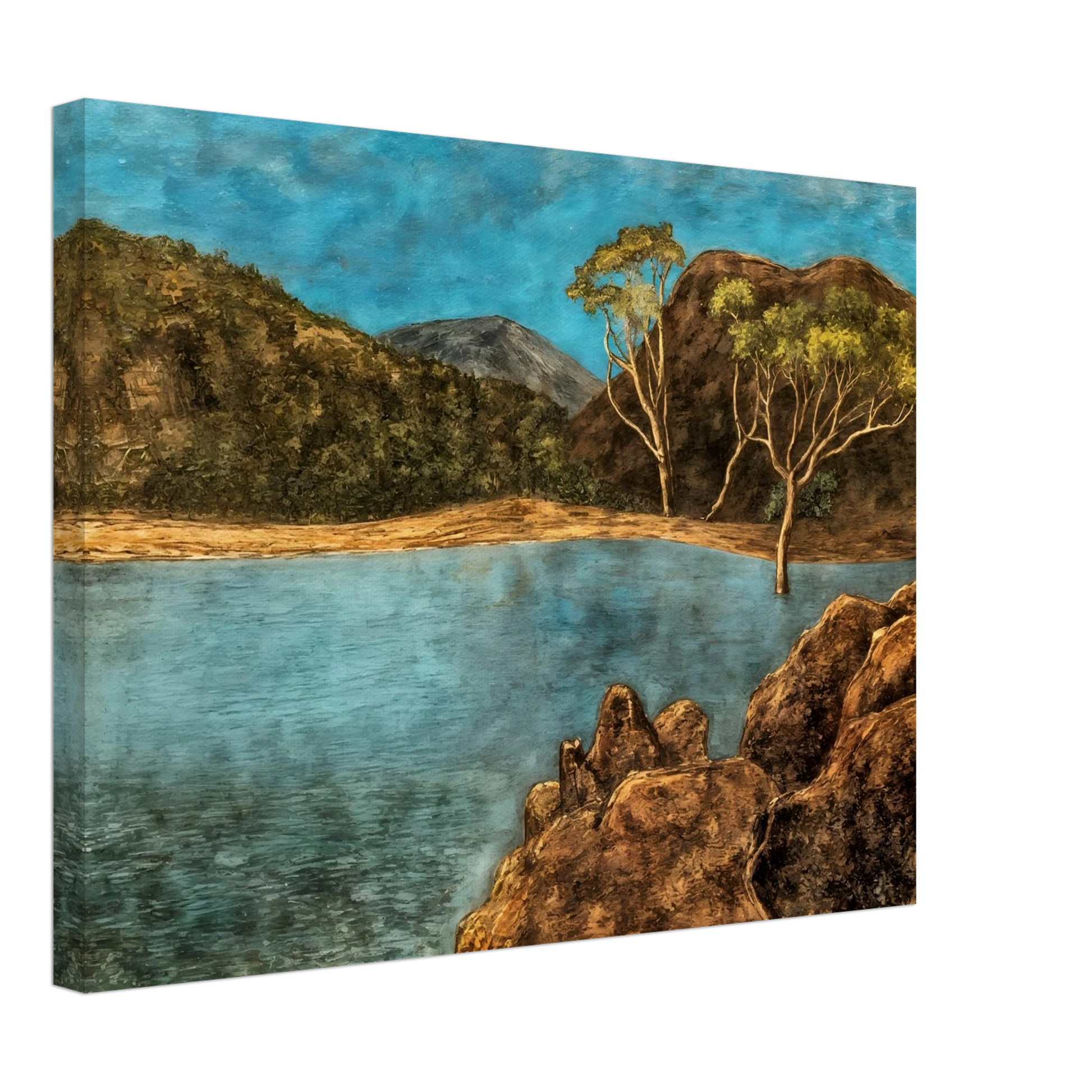 Blue lake with rocky shore, brown hills, slender trees, and turquoise sky in a quiet landscape.