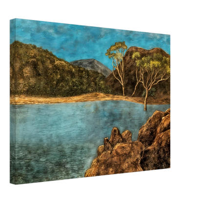 Blue lake with rocky shore, brown hills, slender trees, and turquoise sky in a quiet landscape.