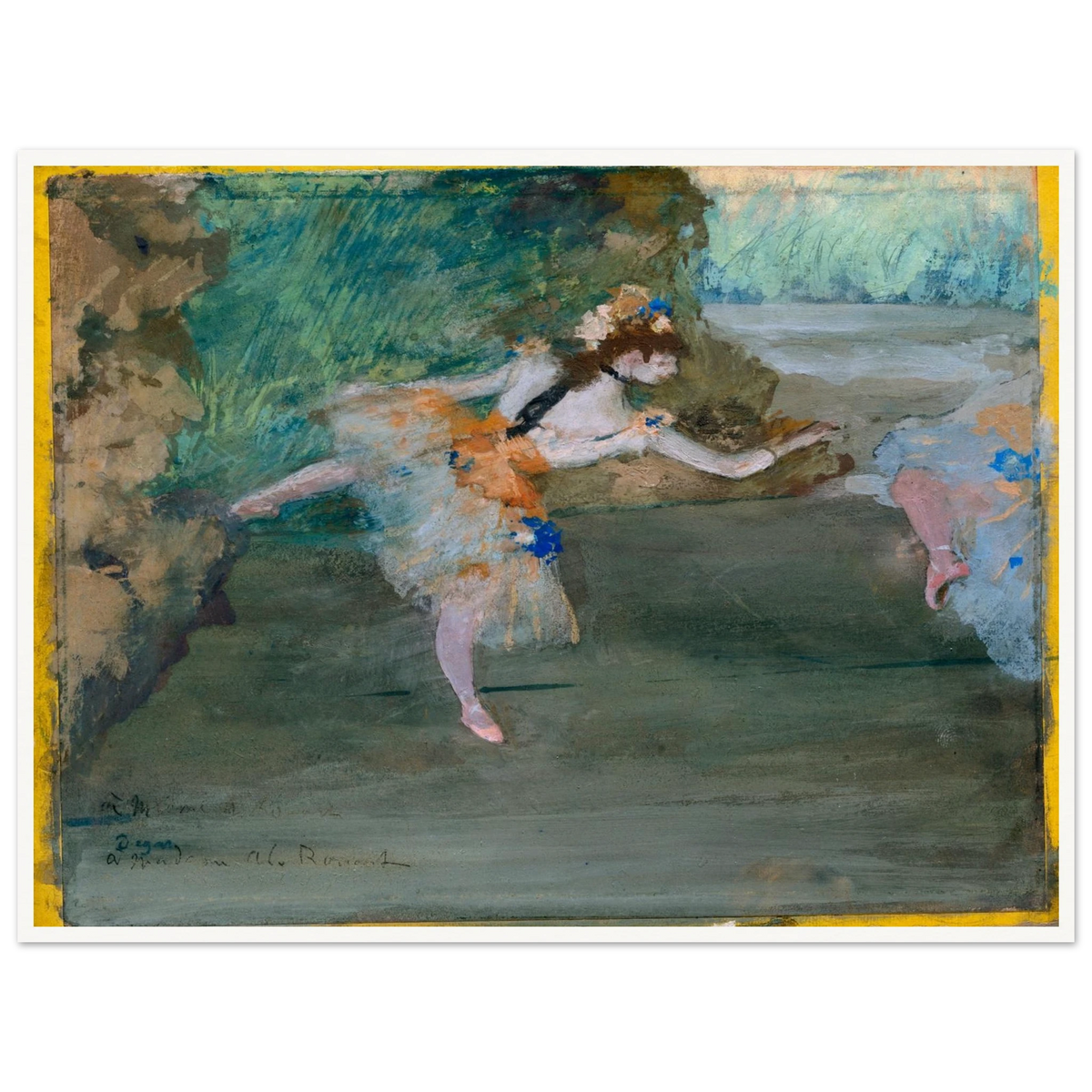 A ballet dancer in a pale tutu performs onstage, with another dancer partly visible at the side.