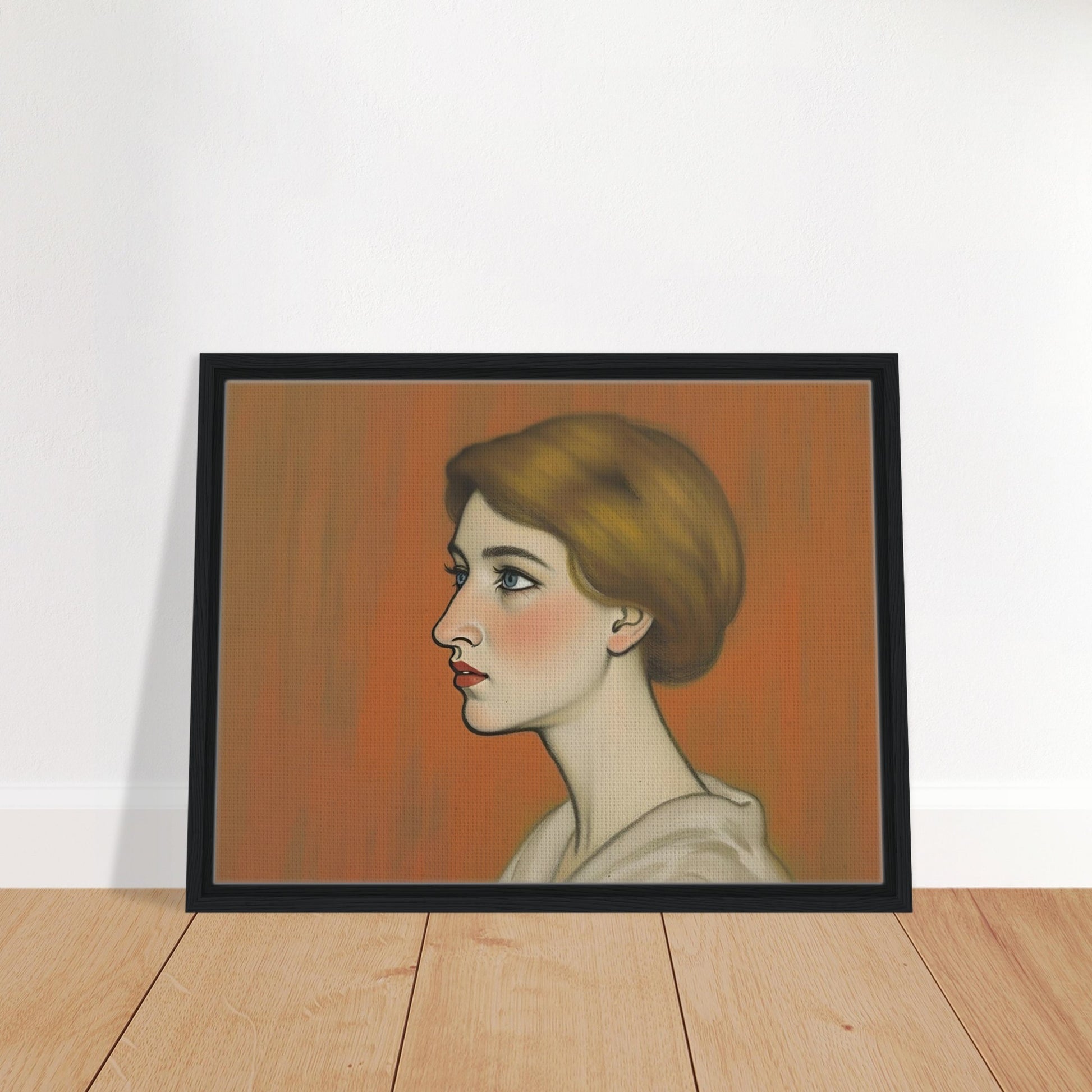 A refined side-profile portrait of a woman with auburn hair, delicate features, and soft blue eyes against a warm amber backdrop.