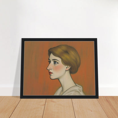 A refined side-profile portrait of a woman with auburn hair, delicate features, and soft blue eyes against a warm amber backdrop.