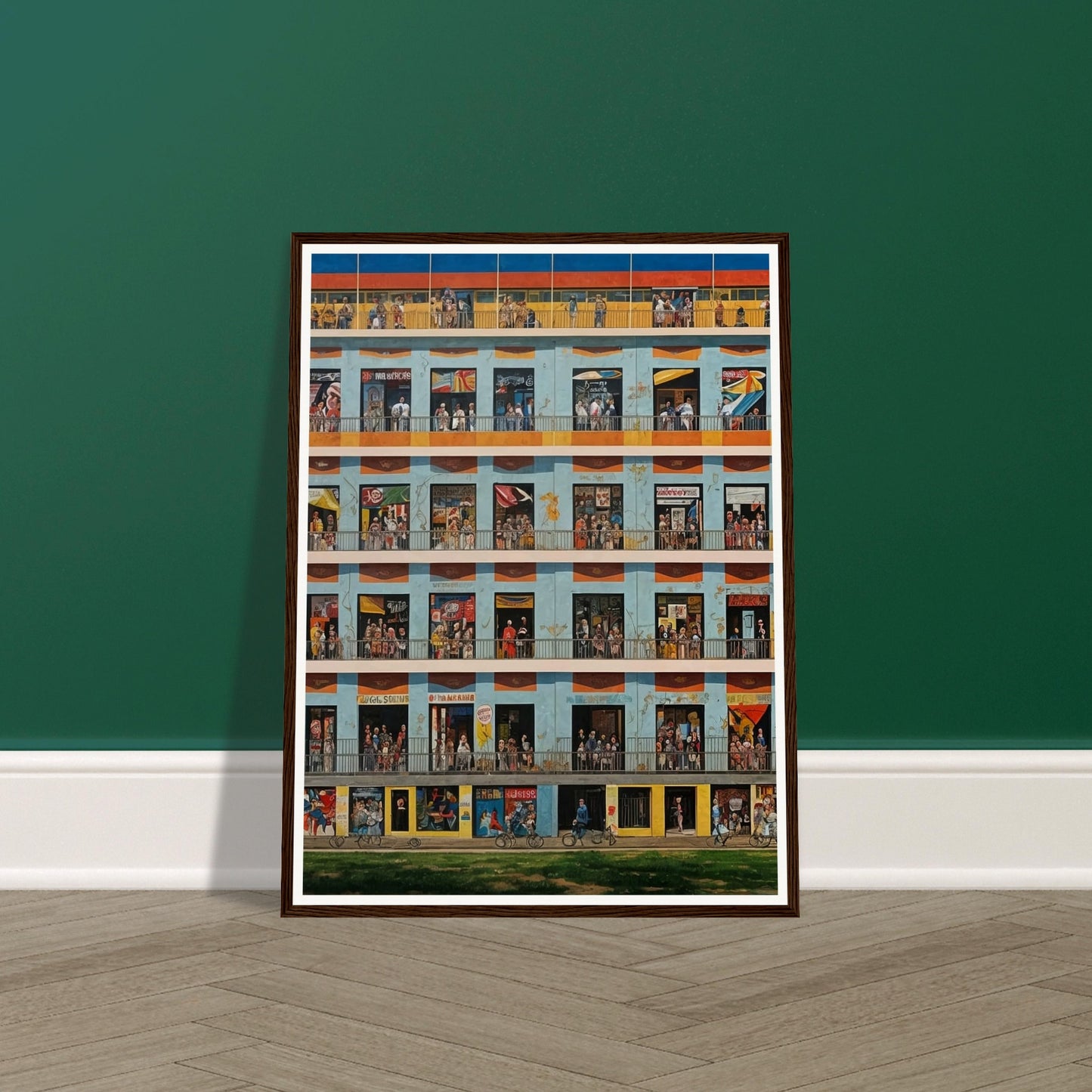 A detailed painting of a multistory building with numerous windows, each depicting different scenes of daily life.