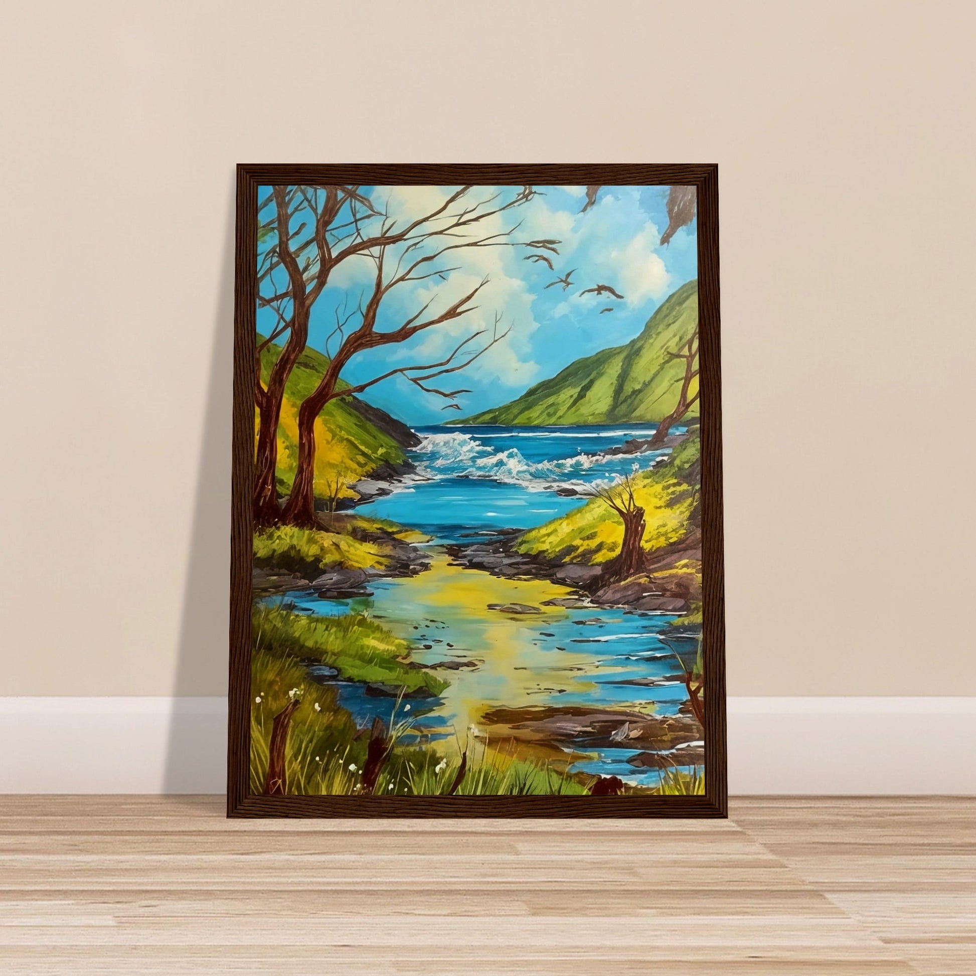 A serene landscape painting of a clear stream flowing through lush green hills, with birds flying in the blue sky and barren trees on the banks.