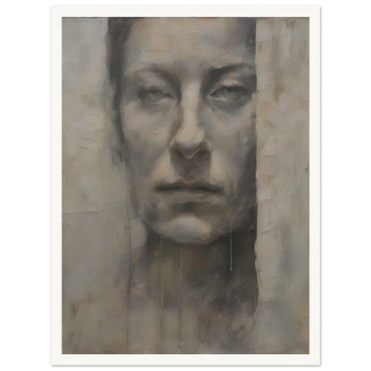 A haunting monochromatic portrait of a solemn face emerging from a textured, weathered surface, evoking a sense of mystery and introspection.