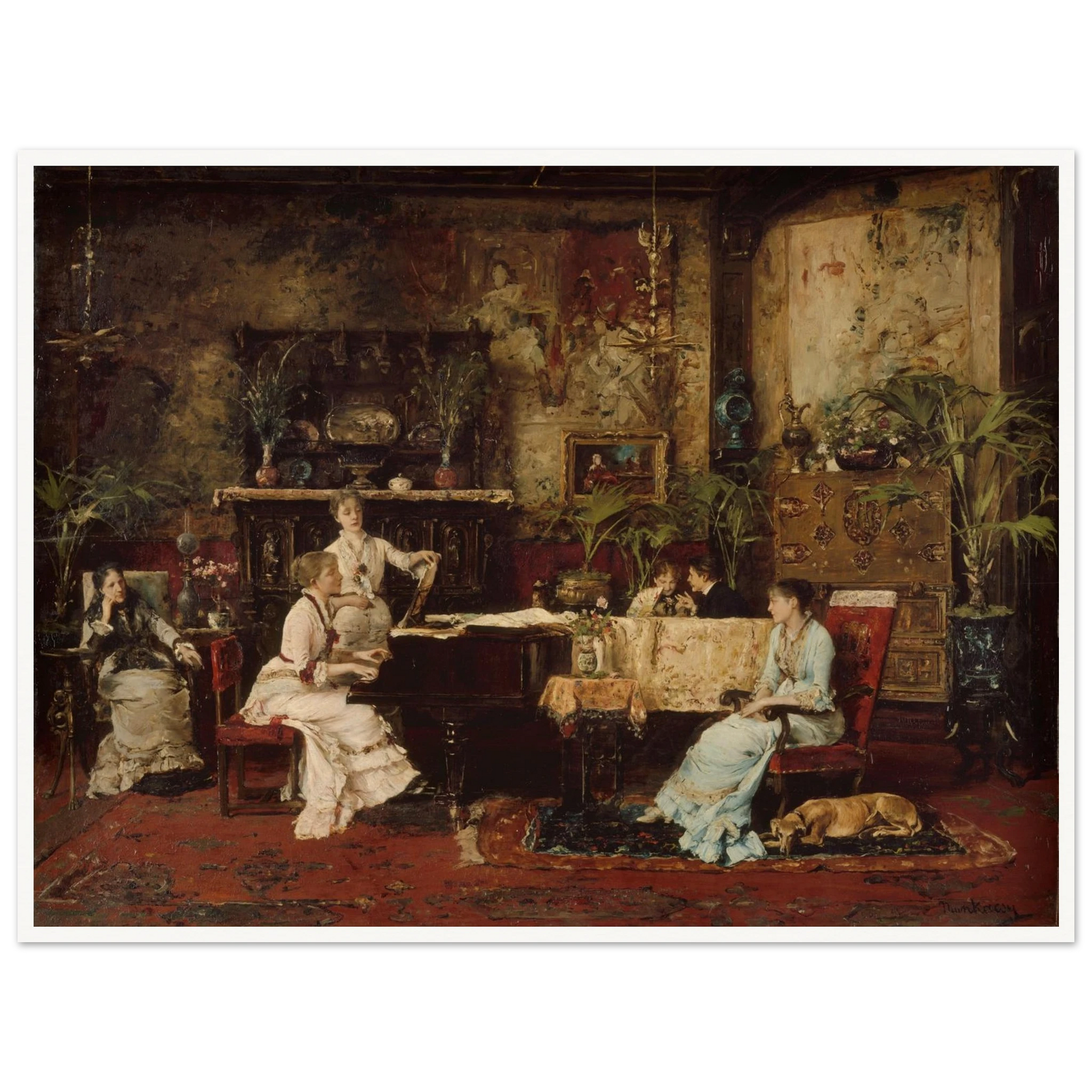 Elegant parlor with women at a piano, rich decor, plants, and a sleeping dog