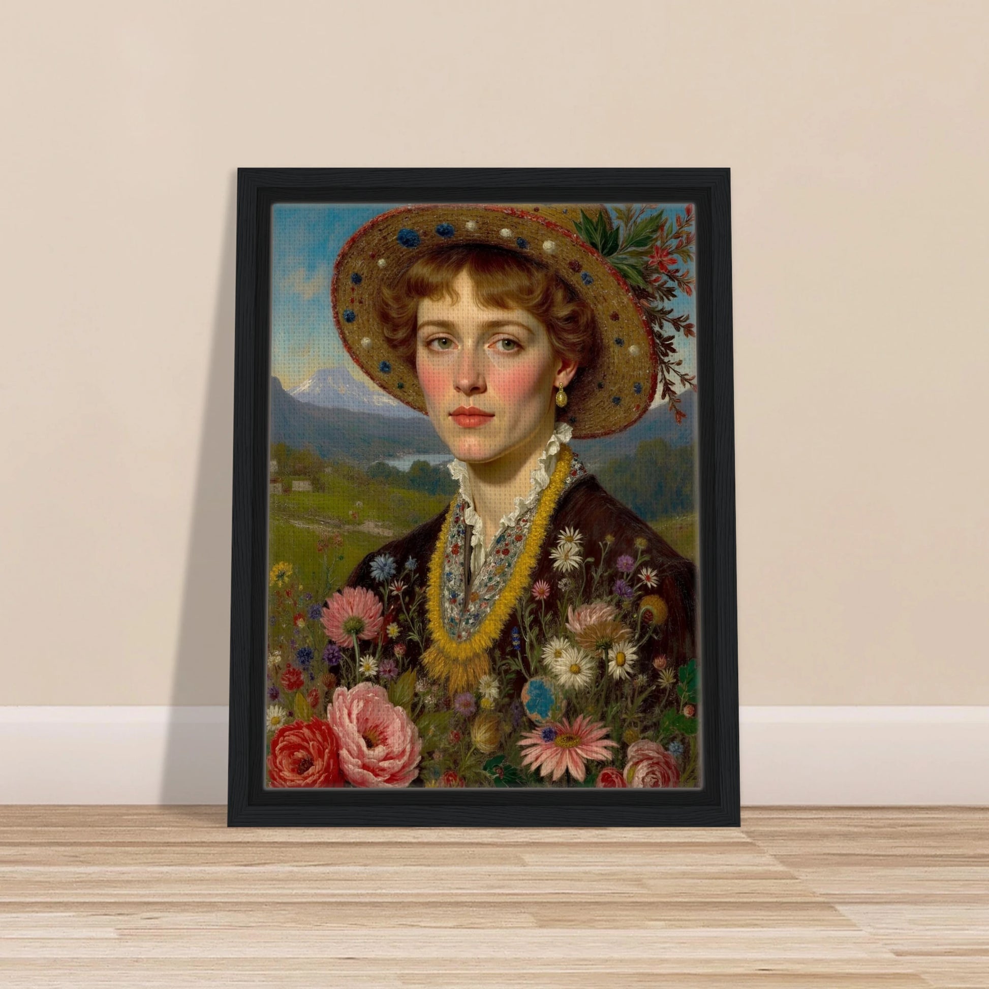 Portrait of a woman in a straw hat adorned with flowers, holding a vibrant bouquet against a mountain meadow backdrop.