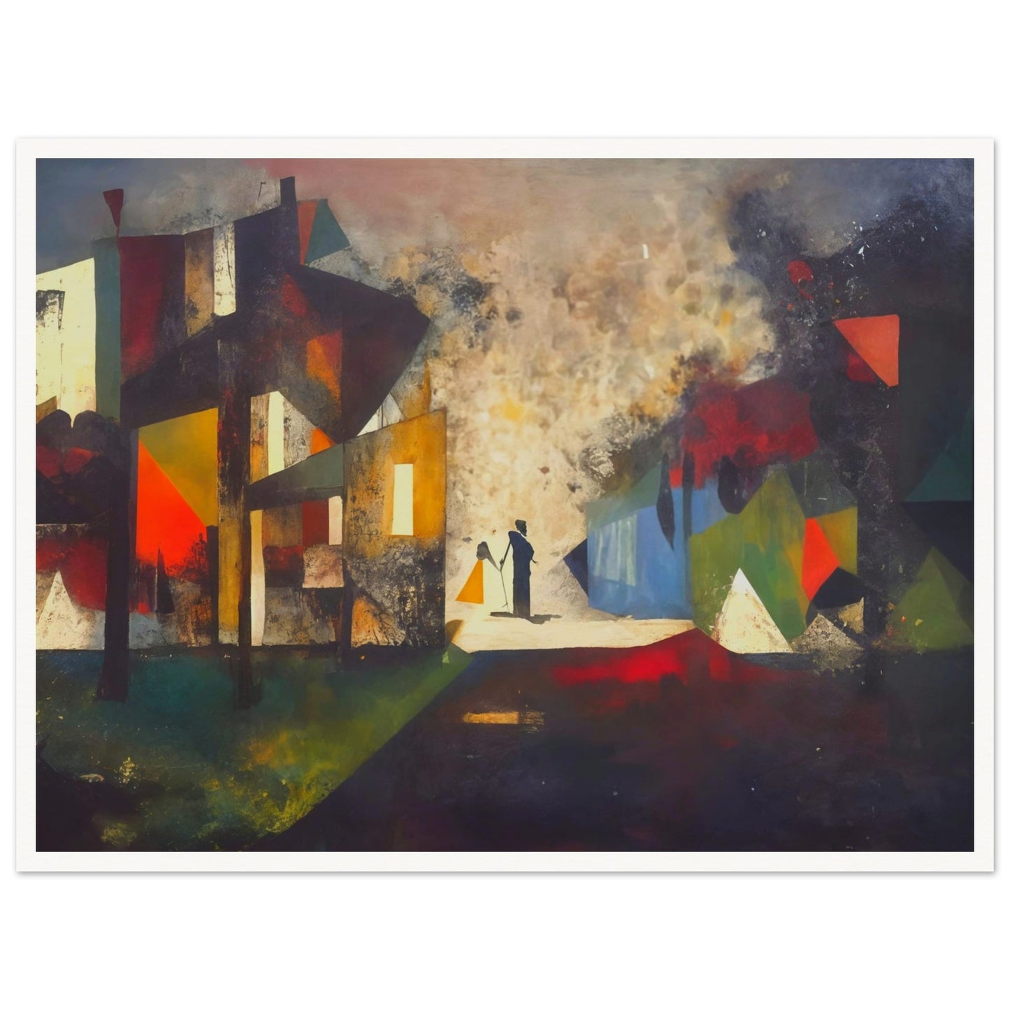 Abstract painting with silhouettes of two figures in a fragmented geometric cityscape, featuring vibrant hues of red, blue, and yellow.