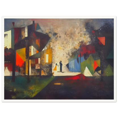 Abstract painting with silhouettes of two figures in a fragmented geometric cityscape, featuring vibrant hues of red, blue, and yellow.