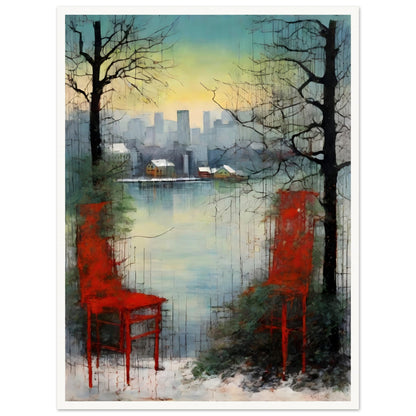 An atmospheric painting featuring two red chairs near a serene lake, framed by bare trees, with a distant city skyline at dusk