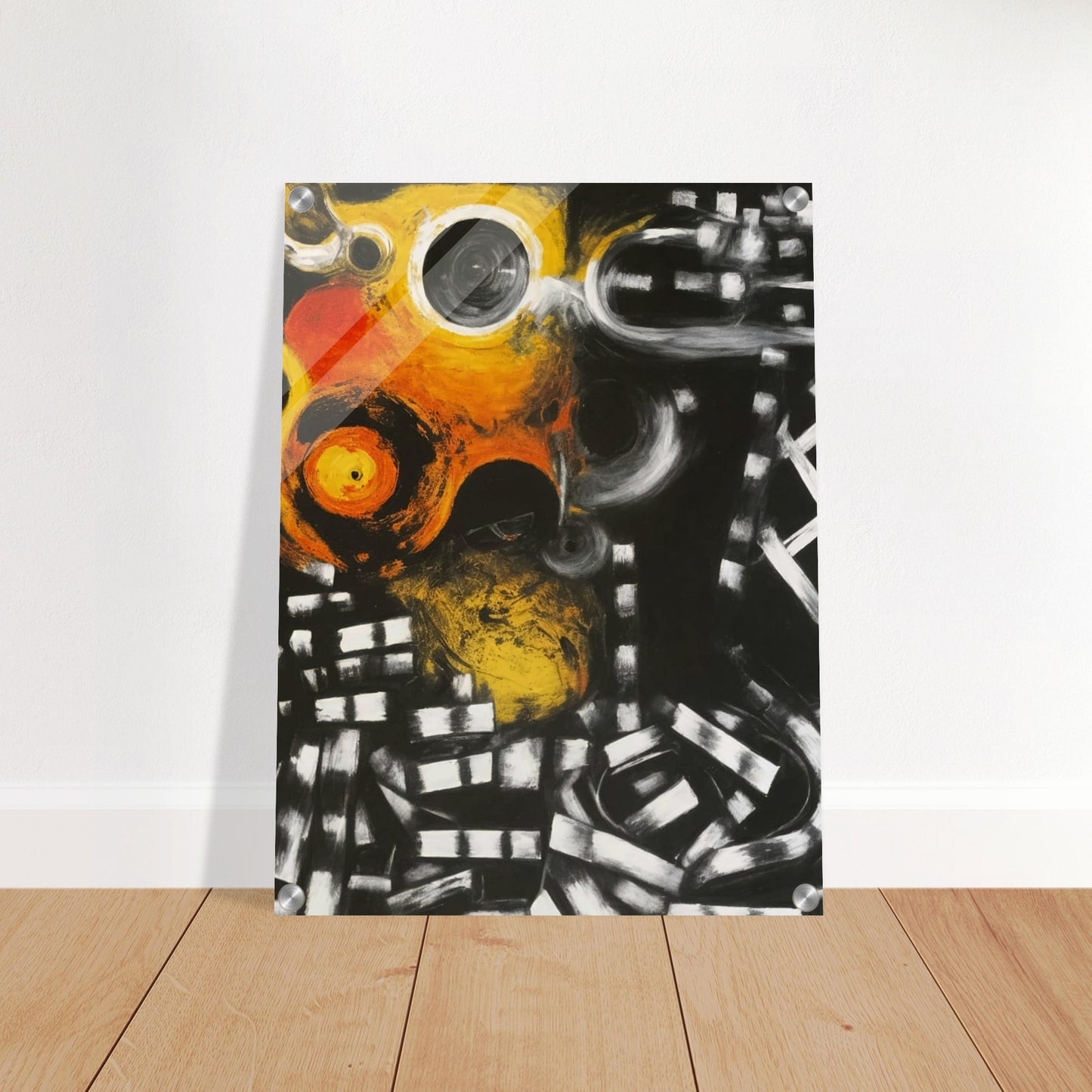 Abstract painting with fiery orange and yellow circles against a dark background, evoking a sense of cosmic energy and motion.