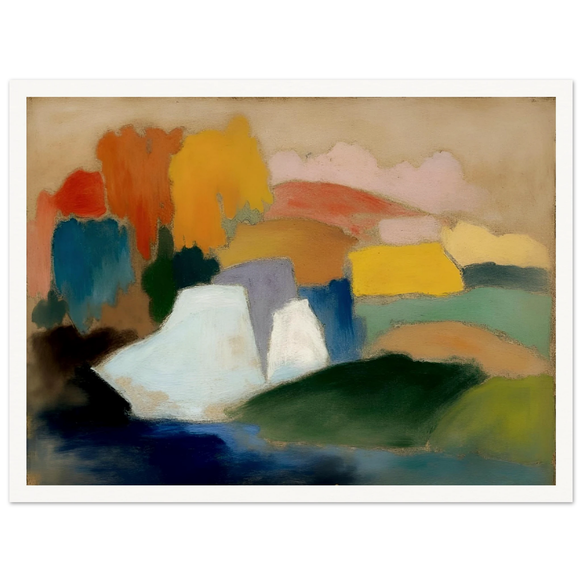 Soft fields, pale hills, and blue water blend with warm trees in a calm landscape.
