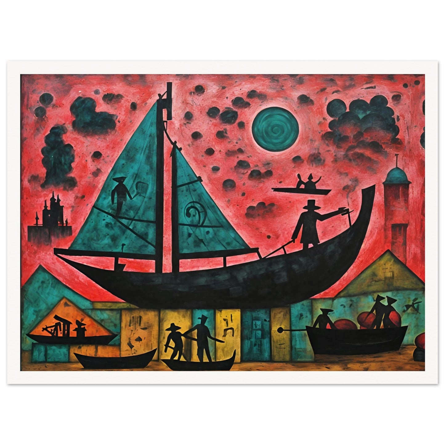 A surreal painting of silhouetted figures on boats against a red sky, featuring dark teal sails, mysterious buildings, and a glowing moon.