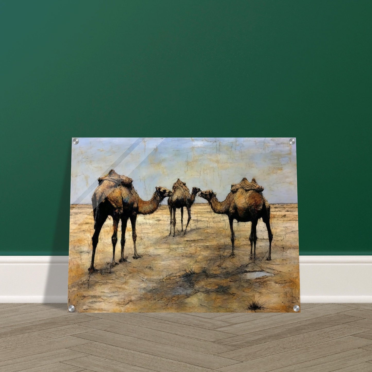 A detailed painting of three camels with packs standing together in a vast, arid desert landscape under a blue sky.