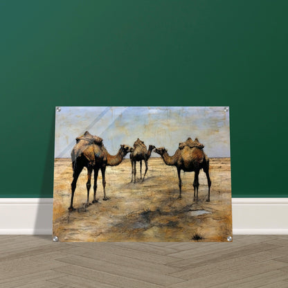 A detailed painting of three camels with packs standing together in a vast, arid desert landscape under a blue sky.