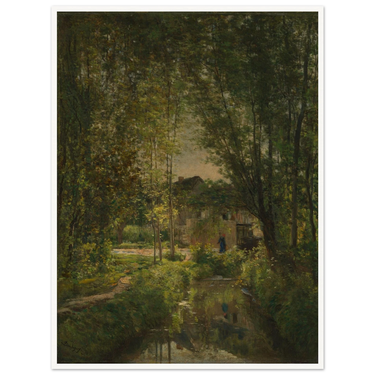 Sunlit stream winds through dense trees toward a cottage in a quiet woodland landscape