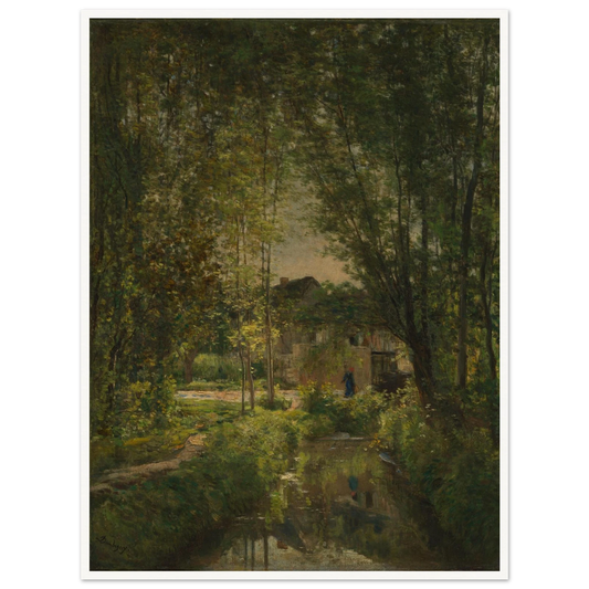 Sunlit stream winds through dense trees toward a cottage in a quiet woodland landscape