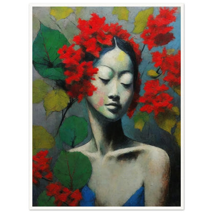 A serene portrait of a woman with her eyes closed, adorned with vibrant red flowers and green leaves, creating a peaceful and artistic composition.