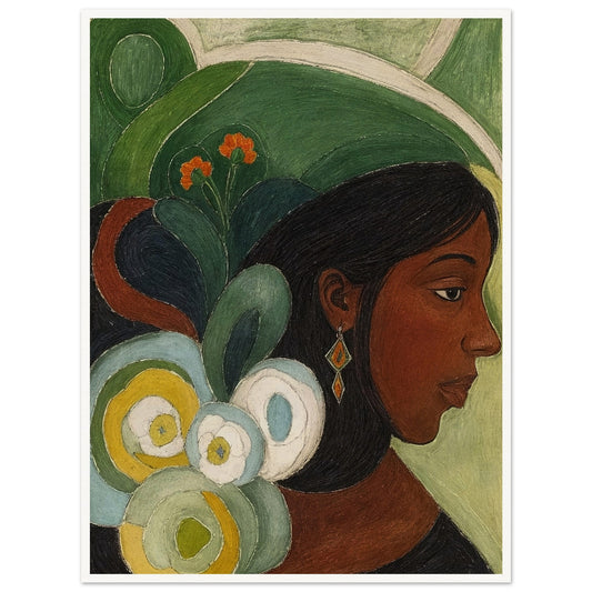 A contemplative portrait of a woman in profile, adorned with vibrant green and floral elements in the background.