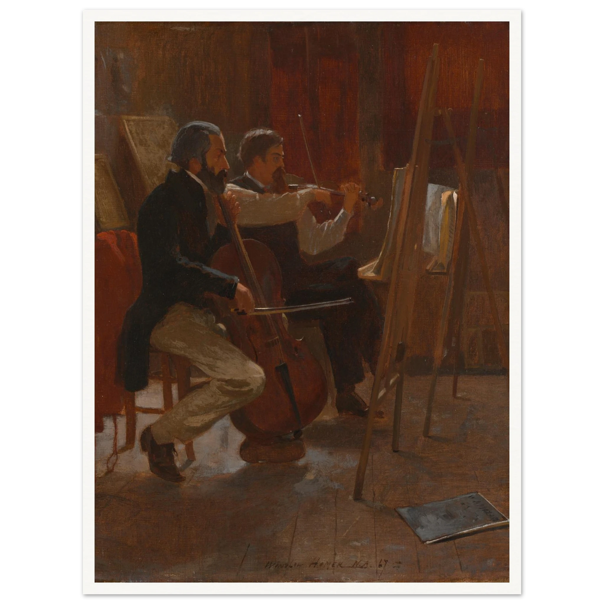 Two musicians play cello and violin in a warm artist studio, using easels as music stands.