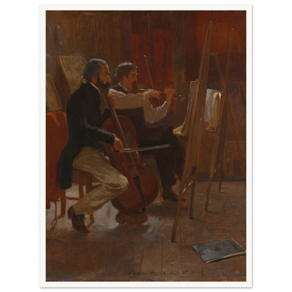 Two musicians play cello and violin in a warm artist studio, using easels as music stands.