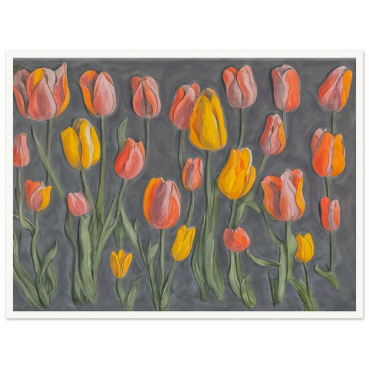 A charming display of orange and yellow tulips standing tall against a muted gray background, showcasing their vibrant colors and graceful stems.