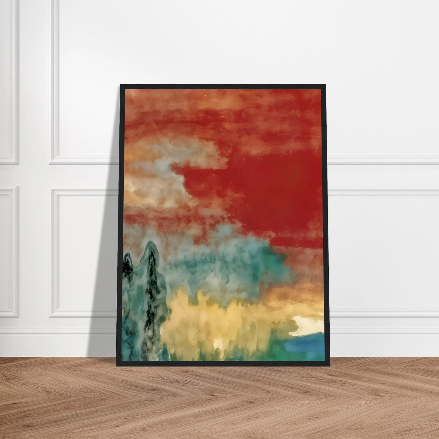 Soft washes of crimson, teal, and ivory drift across a dreamlike landscape with misty forms and distant reflections.