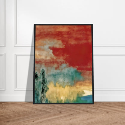 Soft washes of crimson, teal, and ivory drift across a dreamlike landscape with misty forms and distant reflections.