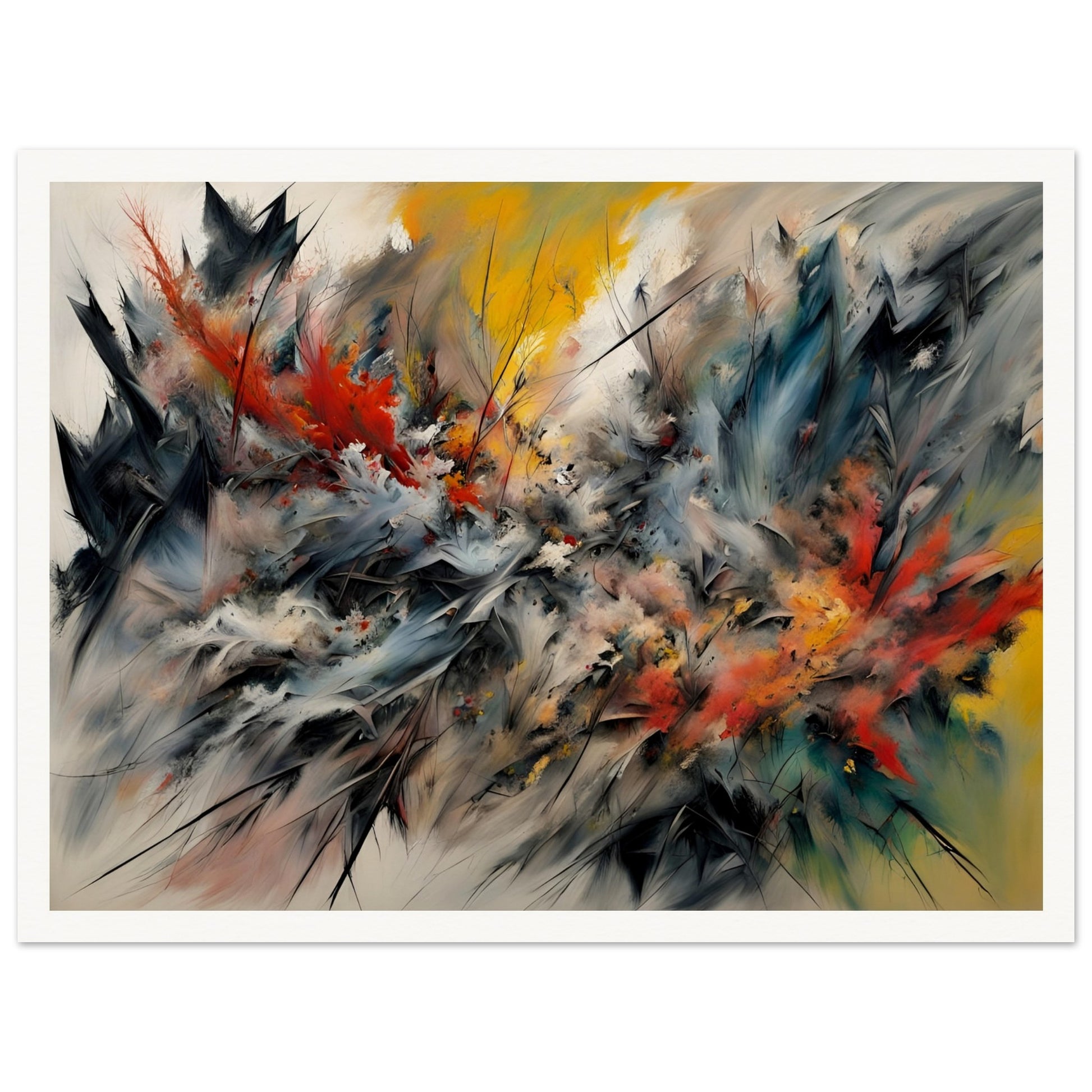 A striking painting with energetic brushstrokes of fiery red, deep blue, and golden yellow, resembling an intense natural explosion.