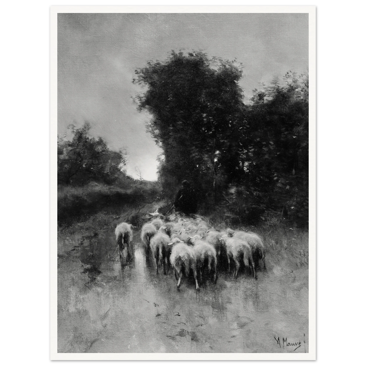 A shepherd leads a flock of sheep along a wooded path beneath tall trees and a cloudy sky.