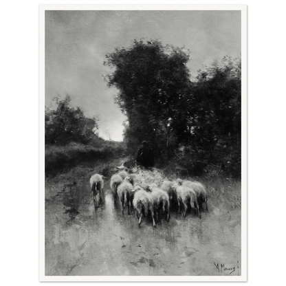A shepherd leads a flock of sheep along a wooded path beneath tall trees and a cloudy sky.