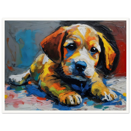 A vibrant and expressive painting of a puppy with warm orange, yellow, and blue tones, capturing its soulful eyes and soft fur.