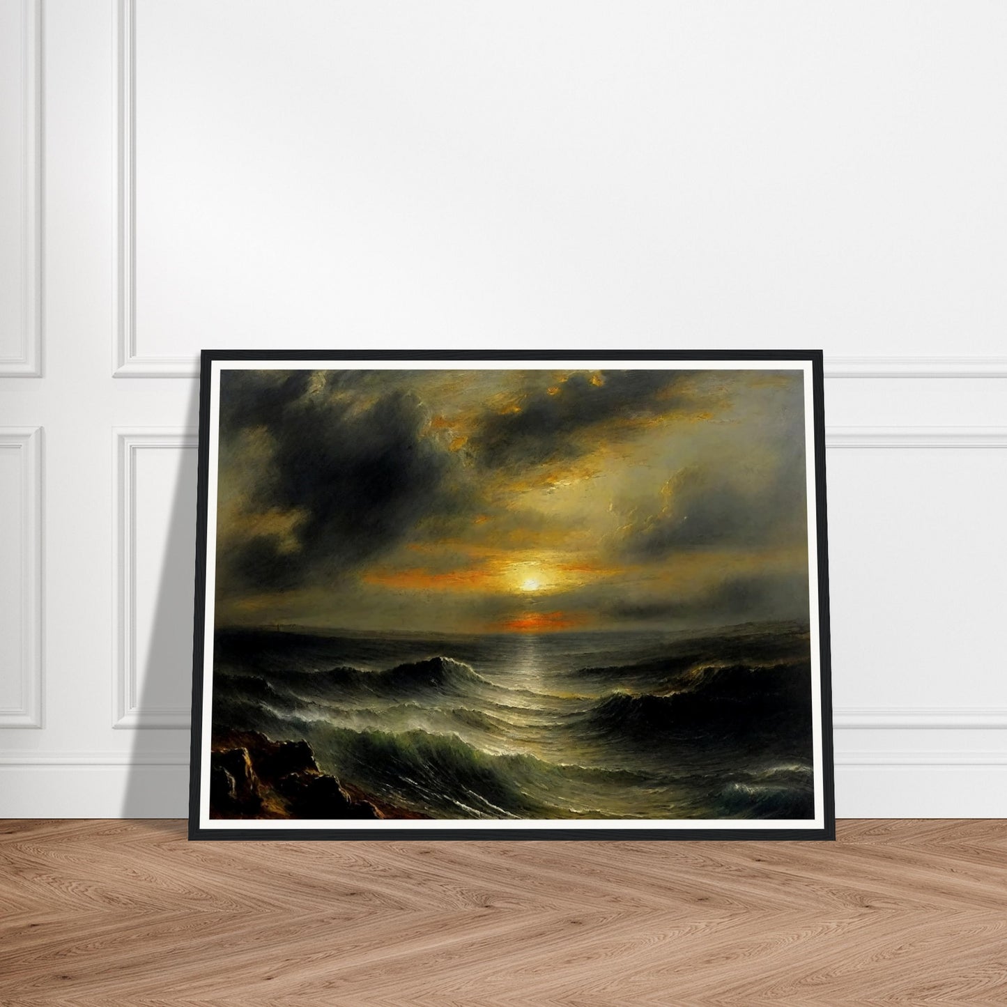 A dramatic seascape painting capturing the power and beauty of the ocean at sunset. The scene features turbulent waves under a cloudy sky, with the sun breaking through the horizon, casting an orange and yellow glow over the water.