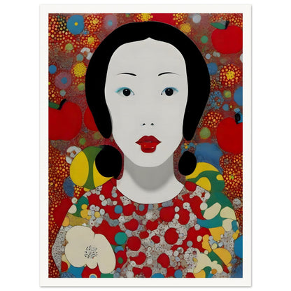 A stunning portrait of a woman with striking red lips and black hair, surrounded by vibrant abstract patterns of red, yellow, and blue.